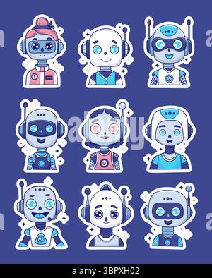 Futuristisches AI-Avatar-Aufkleberpaket. Niedlicher Roboter, Chatbot-Gesicht, virtuelle Bot-Mädchen-Interface-Symbole. Vektorfarbe Handzeichnung. Isolierter futuristischer Cartoon Stock Vektor