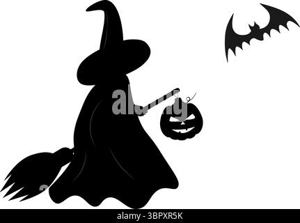 Silhouetten Hexe mit Besenstiel Halloween Kürbis und Fledermaus minimalistisches Halloween Design-Set. Isolierte Vektor Illustration Aufkleber Symbol Halloween verwandte Inhalte Grußkarten, Faltblatt, Beiträge Stock Vektor