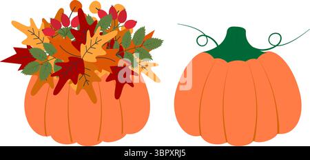 Orangenkürbis Herbstblätter und Hüftzweige Blumenstrauß und Kürbis mit Stiel Thanksgiving Set. Isolierte Vektor-Illustration Herbst Feiertag Thematische Grußkarten Party Einladung oder Banner, Faltblatt Stock Vektor