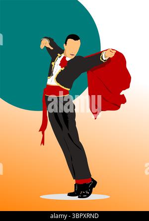 Torero in grauem und goldenem Anzug oder typischer spanischer Stierkämpfer auf abstraktem Hintergrund. Handgezeichnete 3D-Vektor-Illustration Stock Vektor