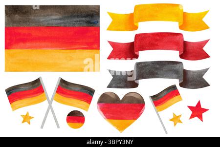 Aquarellkollektion mit festlicher Girlande, Deutschland-Flagge und festlichem Konfetti. Dunkle, gelbe und rote Farben von Bändern und Ballons. Handgezeichnet Stockfoto