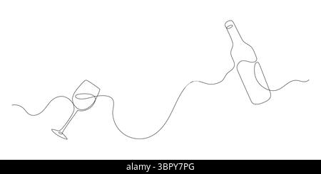 Eine Zeilenzeichnung aus Weinflasche und Glas. Minimalistische durchgehende Linienskizze von Alkoholgetränk in elegantem linearen Stil. Einfaches Doodle für Bar und Restaurant Stock Vektor