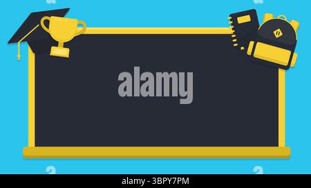 Leerer Tafel-Hintergrund mit schwarzer und gelber Farbe und Schreibwaren-Elemente auf blauem Hintergrund. Zurück zur Schule Vorlage Kopierbereich Hintergrund Stock Vektor