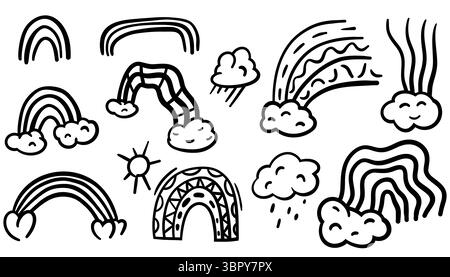 Strahlendes Regenbogenkritzelset. Nette Hand gezeichnete Vektor-Illustration der bunten Skizze Regenbogen. Lustige dekorative Elemente für Kinder, Stolz, Kinderzimmer oder Spiele Stock Vektor