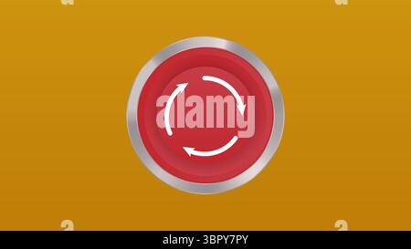 Rote 3D-Notruftaste mit weißem kreisförmigem Pfeilsymbol, metallischem Rand und orangefarbenem Hintergrund. Ideal für Technik- oder Warnungskonzepte, Vektorillustration Stock Vektor