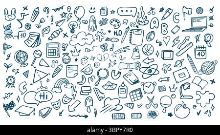 Big Back to School Doodle Set. Handgezeichnete Vektorlinien mit Büchern, Bleistiften, Rucksäcken, Linealen und anderen Schulmaterialien. Ideal für Drucke und Poster Stock Vektor