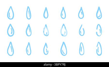 Set handgezeichneter Wassertropfen im Doodle-Stil. Vektordarstellung von Wassertropfensymbolen. Skizzierte Flüssigkeitssymbole, Regen- oder Spritzwasser-Elemente. Isoliert auf W Stock Vektor
