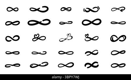 Doodle Infinity-Symbolsatz. Handgezeichnete Endlosschleifensymbole. Vektorsammlung von unendlichen Zeichen im Skizzenstil. Minimale schwarze Umrisselemente. Isolat Stock Vektor