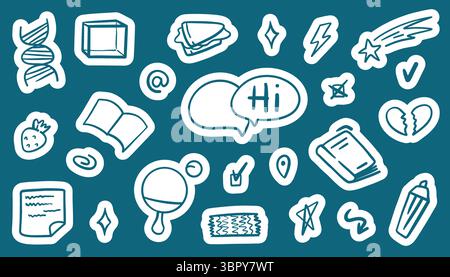 Niedliches Schulaufkleberpaket mit Kreide, Büroklammern, Klebestiften und Notizbüchern. Handgezeichnete Vektorsymbole in leuchtenden Farben für digitale Planer, sti Stock Vektor