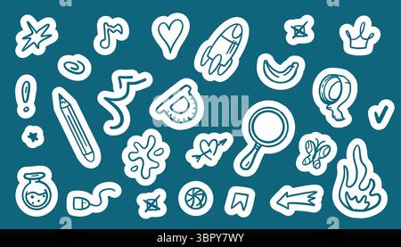 Vektorsatz von Schulaufklebern: Notizbücher, Stifte, Scheren und Farbpaletten. Niedlicher Doodle-Stil, perfekt für Scrapbooking, Journals oder lehrreiche A Stock Vektor