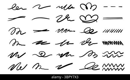 Set aus Kritzelkritzelnden Unterstreichungs- und Hervorhebungslinien in verschiedenen handgezeichneten Stilen. Perfekt zum Hervorheben von Text, Titeln oder Designelementen in kreativer Form Stock Vektor