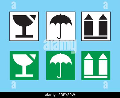 Symbole Für Verpackungshandhabung Set, Zerbrechlich, Trocken Halten, Symbole Für Diese Seite Nach Oben Stock Vektor