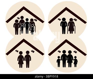 Family Care Icon mit Unterstützung für ältere Menschen – Logo-Design für mehrere Generationen Stock Vektor