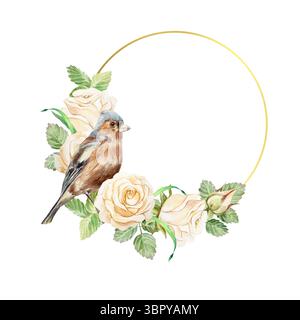 Runder goldener Rahmen mit beigefarbenen Rosenblüten und sitzendem Vogel. Handgezeichnete Aquarellillustration isoliert auf weiß. Grußkarten, speichern Sie den Stockfoto
