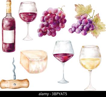 Aquarellvektor-Illustration Weinflaschengläser, Traube- und Käseclipart, weiß- und Rotwein, violettes Getränk, Clipart isoliert auf weißem Hintergrund Stock Vektor