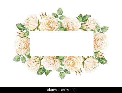 Textrahmen mit pastellfarbenen Rosen. Horizontal. Handgezeichnete Aquarellillustration isoliert auf weiß. Für Grußkarten, speichern Sie das Datum, Valentinstag, Hochzeit Stockfoto