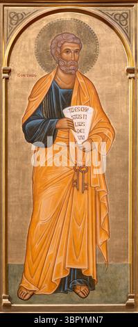 FLORENZ, ITALIEN - 17. MÄRZ 2025: Die Ikone des Apostels St. Peter in der Kirche Badia Fiorentina von unbekanntem Künstler aus 19. Cent. Stockfoto