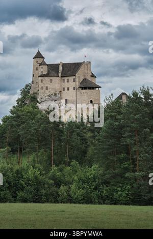 Bobolice, Polen – 29. Juni 2025: Die mittelalterliche Burg Bobolice steht auf einem Kalksteinberg, umgeben von Wald, unter einem bewölkten Sommerhimmel. Stockfoto