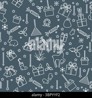 Weihnachtsmuster mit Weihnachtselementen wie Geschenken, Rentieren und Schneeflocken auf dunklem Hintergrund Vektor Stock Vektor