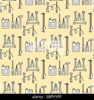 Handwerkzeuge nahtloses Muster mit Hämmern, Schraubenschlüsseln und Zangen auf gelbem Hintergrundvektor Stock Vektor
