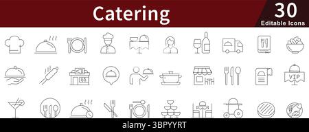 Bearbeitbare Linien-Symbole für Catering-Service, Gastgewerbeveranstaltungen und Restaurantmanagement-Konzepte Stock Vektor