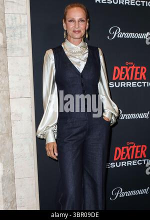 New York City, Usa. Juli 2025. MANHATTAN, NEW YORK CITY, NEW YORK, USA - 9. JULI: Die US-amerikanische Schauspielerin Uma Thurman kommt am 9. Juli 2025 zur Weltpremiere von Paramount and Showtime's „Dexter: Resurrection“ Staffel 1 in der Alice Tully Hall im Lincoln Center for the Performing Arts in Manhattan, New York City, New York, USA. ( Quelle: Image Press Agency/Alamy Live News Stockfoto