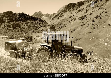 SAVOIE, FRANKREICH - 12. AUGUST 2016: Ein Landwirt, der Kühe melkt (leere Dosen im Wohnwagen) auf die Hochalpenweide. Historisches Foto von Sepia. Stockfoto