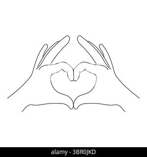 Illustration der Herzgeste mit Händen. Diese Abbildung zeigt eine minimalistische Linienzeichnung zweier menschlicher Hände, die eine Herzform bilden. Stock Vektor