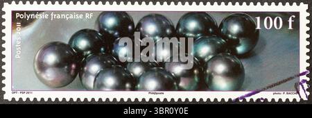 Tahiti-schwarze Perlen auf polynesischer Briefmarke Stockfoto
