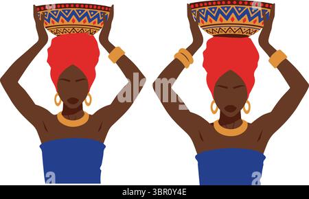 Zwei elegante afrikanische Frauen in traditionellen Kopfbedeckungen und lebendiger Kleidung, die anmutig verzierte Körbe auf dem Kopf ausbalancieren, Stock Vektor