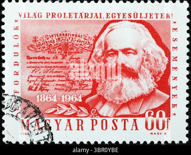 Karl-Marx-Vintage-Porträt auf ungarischer Marke Stockfoto