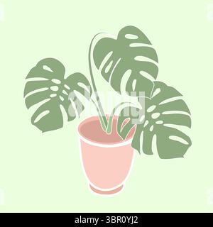 Topfmonstera Pflanze mit drei Blättern in minimalistischem rosa Topf auf hellgrünem Hintergrund Stock Vektor