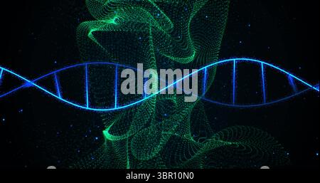 Leuchtend blaue DNA-Doppelhelix, die sich über den dunklen Raum erstreckt, mit grünen Teilchenwellen. Molekulare, wissenschaftliche, futuristische, digitale Kunst, biot Stockfoto