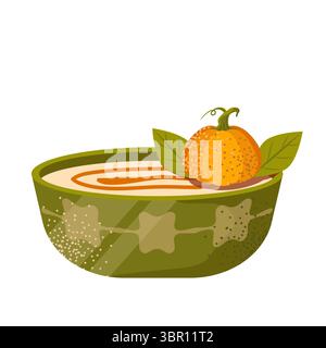 Kürbisschale. Vektor-Set von Gerichten mit frischem Reifen Kürbis, Marmeladenglas, Fruchtkuchen, Suppe. Traditionelles Thanksgiving-Essen im Herbst. Herbstset für halloween Stock Vektor