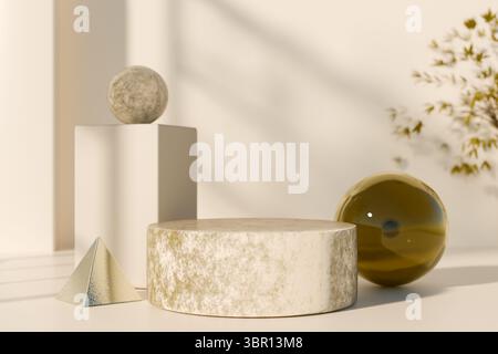 Minimalistisches Arrangement mit geometrischen Formen und Kugeln in neutraler Umgebung. 3D-Rendering Stockfoto