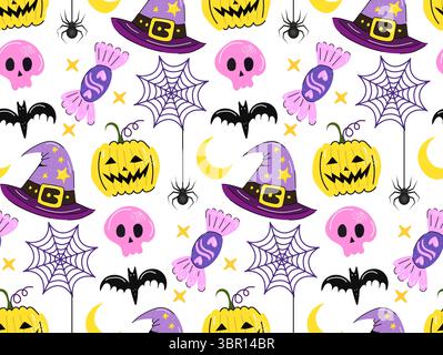 Happy Halloween nahtlose Vektormuster Set mit Kürbissen gespendete Haus Geister Süßigkeiten Fledermäuse und magische Elemente perfekt für Kinder Stoff Aufkleber Karten Stock Vektor