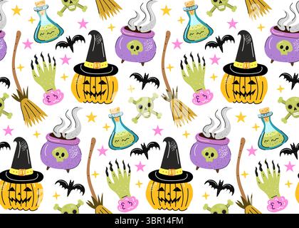 Happy Halloween nahtlose Vektormuster Set mit Kürbissen gespendete Haus Geister Süßigkeiten Fledermäuse und magische Elemente perfekt für Kinder Stoff Aufkleber Karten Stock Vektor