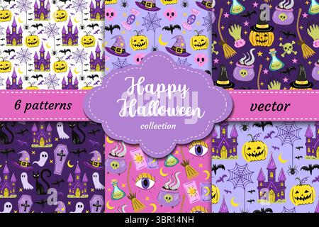 Happy Halloween nahtlose Vektormuster Set mit Kürbissen gespendete Haus Geister Süßigkeiten Fledermäuse und magische Elemente perfekt für Kinder Stoff Aufkleber Karten Stock Vektor