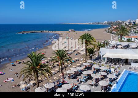 Luftbild des Playa Del Ingles Beach entlang der Küste von Maspalomas, Gran Canaria, Kanarischen Inseln, Spanien. Juli 2025. Stockfoto
