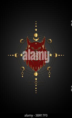 Mythologischer roter Wolf oder mystischer Fenrir über Heilige Geometrie und Mondphasen. Goldene Luxus-Vektor-Illustration des heiligen ethnischen wilden Tieres isoliert Stock Vektor