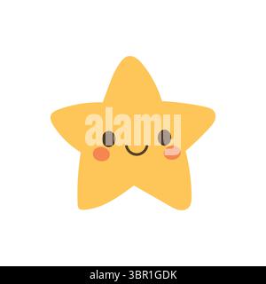 Entzückender gelber Stern mit einem lächelnden Gesicht und rosafarbenen Wangen, perfekt für Kindermotive, Emojis, Aufkleber oder fröhliche Kinderzimmer-Kunst und verspielte Einrichtung Stock Vektor