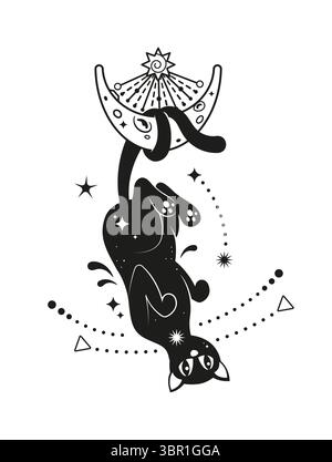 Schwarze magische Katze, die kopfüber mit Mond, Sonne, Sternen, kosmischen Punkten und esoterischen Symbolen schwebt. Mystische Katzentier-Silhouette mit magischen und spirituellen Elementen. Vektor-isoliertes Zaubersymbol Stock Vektor