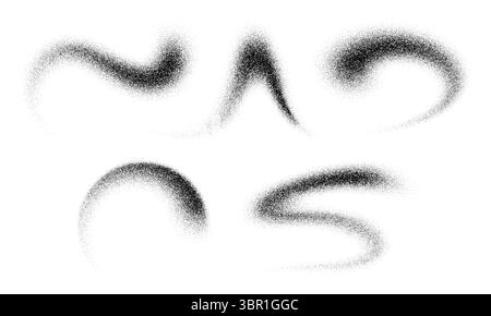 Pinsel, Sand und Staubwelle mit Korngeräuschen, die weiche, fließende Kurven mit strukturiertem Spray oder Fleckeneffekt erzeugen. Vektorsatz mit abstrakter schwarzer, körniger, dynamischer und fließender, staubiger Kontur Stock Vektor