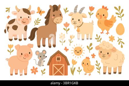 Niedliches Cartoon-Bauernhoftier mit Kuh, Schwein, Pferd und Küken umgeben von Blumen und Sonne, perfekt für Kinder Bauernhofbücher oder lehrreiche Ausdrucke Stock Vektor