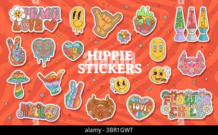 Cartoon-Set mit groovigen Hippie-Stickern. Retro funky Etiketten oder Tags, lustige 80er Jahre groovige Vektor Patches. Pilze, rauchende Emoji-Gesichter, Herzen und Bart mit Blumen, Friedensschilder, Lava-Lampen-Sticker-Set Stock Vektor