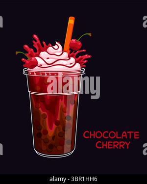 Cartoon Schokolade Kirschmilch Bubble Teeglas mit hellen Spritzern und Beeren. Vektor lebendiges rotes Fruchtgetränk, süßes flüssiges Getränk mit Tapioka boba Perlen in transparenter Plastikschale mit einem Strohhalm Stock Vektor