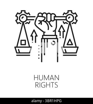 Menschenrechts-ESG-Symbol oder -Schild. Lineares Vektorsymbol für soziale Integrität des Unternehmens, Rechte der Mitarbeiter im Unternehmen, ESG-Piktogramm. Corporate Environmental Governance-Zeichen mit menschlicher Hand, die die Waage der Gerechtigkeit hält Stock Vektor