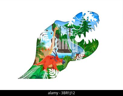 Tyrannosaur t rex Dinosaurier Silhouette mit prähistorischem Dschungel und alten Reptilien im Inneren. Vektor Reptil Kopf Rahmen mit wilder Natur Landschaft, Wasserfall, Farne und riesige Urpflanzenfresser durchstreifen Stock Vektor