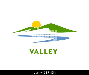 Ein Wahrzeichen des Bergflusses mit grünen Hügeln, einem fließenden blauen Fluss und einer aufgehenden gelben Sonne, die Natur, Ruhe und Ökotourismus symbolisieren. Vektorabzeichen oder Emblem mit natürlicher Alpenlandschaft Stock Vektor