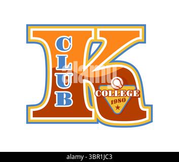 Varsity Sport-Patch-Label als fettgedruckter Buchstabe K, Vintage-Abzeichen für Baseballclub, mit Text College 1980. Vektor im Retro-Stil mit sportlichem Label- oder Trikotmuster für sportliche akademische Themen oder Turniere Stock Vektor
